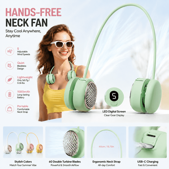 Portable Neck Fan Rechargeable Bladeless Personal Fan 5 Speed Powerful Wind Foldable Neckband Smart LCD Digital Display Wearable Cooling Fan