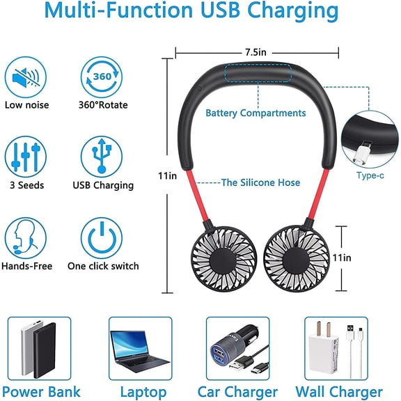 Portable Neck Fan Rechargeable USB Hands- 360° Double Headed 3 Speed Adjustable  Fan for Office, Travel, Reading