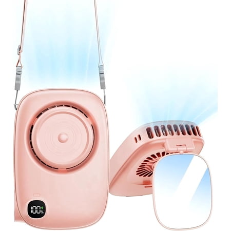 Portable Neck Fan, USB Rechargeable Mini Personal Handheld Fan with 3 Speed, LED Power Display, Adjustable Lanyard, 360°Rotate Mirror, Cute Camera Design, Personal Cooling Travel Essentials, Pink