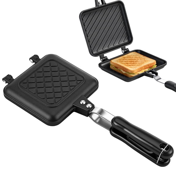 Portable Non‑Stick Stovetop Sandwich Maker – Single Sandwich Press with Pattern, Aluminum Alloy Double‑Sided Heating Pan, 14.2" x 6.5", for Home, Camping & Breakfast