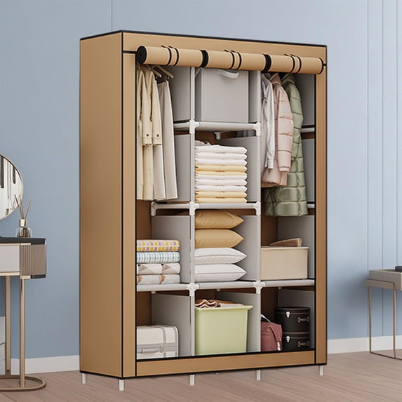 Portable Non-Woven Fabric Closet Organizer, Modular DIY Wardrobe Cabinet with Adjustable Shelves & Hanging Rod, Tool-Free Assembly, Large Storage Cabinet Coffee