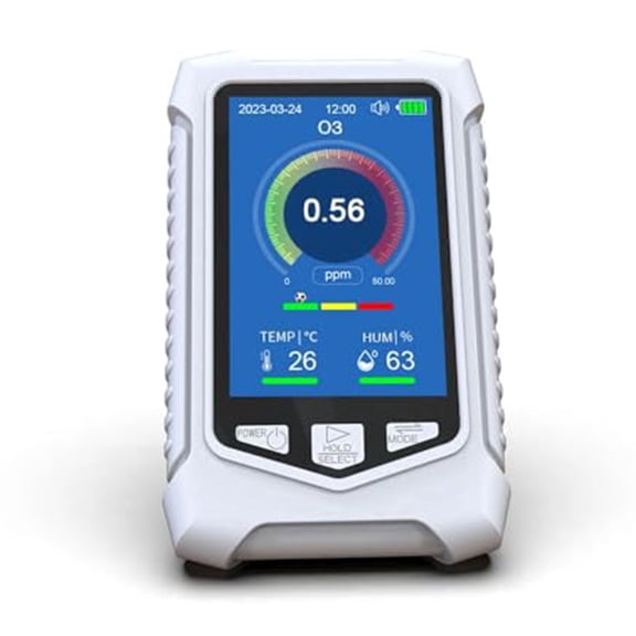 Portable O3 Air Quality Monitor, 3.5 Inch TFT Display Gas Detector with Smart Alarm, USB Rechargeable Desktop Tester for Home Office Industrial Use