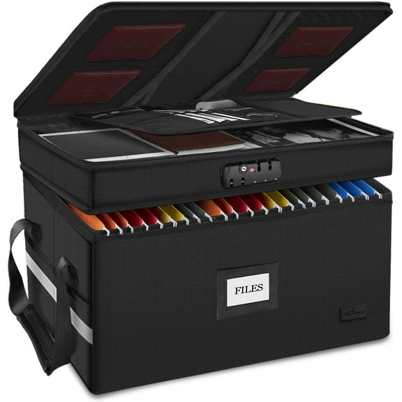 Portable Office Collapsible File Storage with Reflective Strip for Hanging Letter, Legal Size Folder – Fireproof Document Box with Lock, 2 Layer File Cabinet Organizer with 5 Tab Inserts