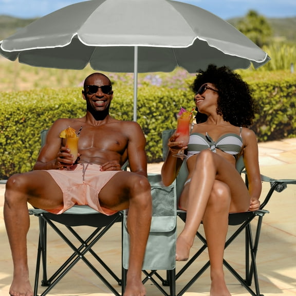 Portable Outdoor 2-Seat Folding Chair with Removable Sun Umbrella, Double Folding Camping Chair for Patio Beach Park Picnic, Beverage Holder ,Carrying Bag,Outdoor Beach, Grey