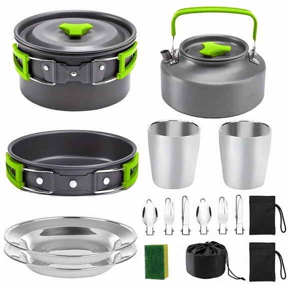 Portable Outdoor Camping Cookware Combo Set, Space-Saving Pot, Frying Pan and Kettle with Foldable Storage, Complete Tableware Kit for 2-3 People Camping and Hiking