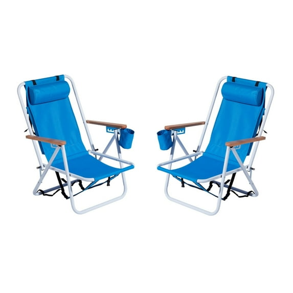 Portable Outdoor Camping Folding Chair Set of 2 with 4 Position Backrest, Back Bag and Cup Holder, Heavy Duty Foldable Beach Chairs with Headrest Pillow and Wood Handrail for Patio/Park, Blue