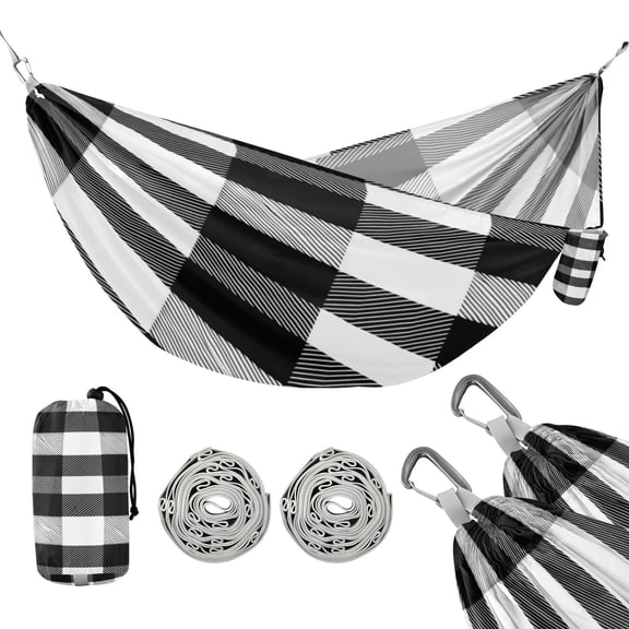 Portable Outdoor Camping Hammock Travel Hammock Ideal for Backpacking, Hiking, and Travel Black White Plaid Pattern
