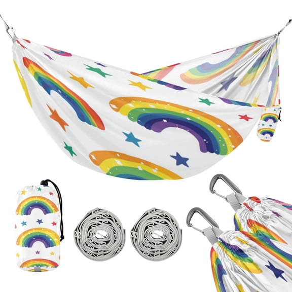 Portable Outdoor Camping Hammock Travel Hammock Ideal for Backpacking, Hiking, and Travel Cartoon Rainbows on White