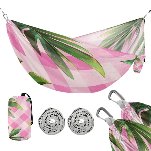 Portable Outdoor Camping Hammock Travel Hammock Ideal for Backpacking, Hiking, and Travel Palm Leaves on A Pink Background