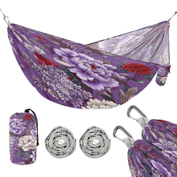 Portable Outdoor Camping Hammock Travel Hammock Ideal for Backpacking, Hiking, and Travel Peonies on Dark Purple Background