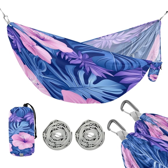 Portable Outdoor Camping Hammock Travel Hammock Ideal for Backpacking, Hiking, and Travel Pinkish-purple Tropical Flowers