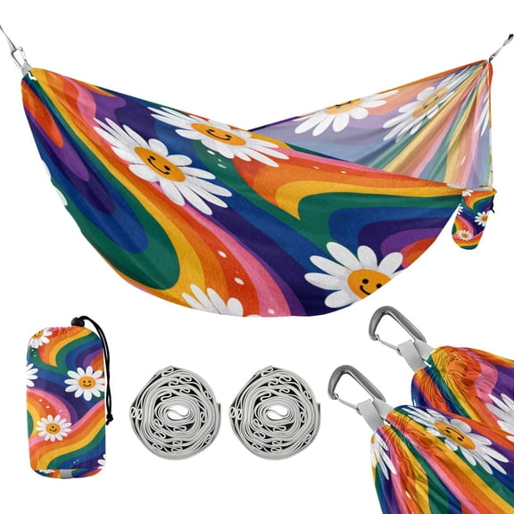 Portable Outdoor Camping Hammock Travel Hammock Ideal for Backpacking, Hiking, and Travel Rainbow-colored Waves with Daisies