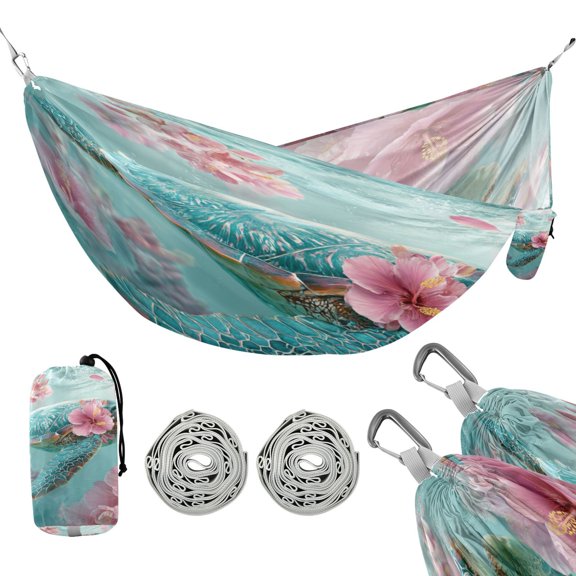 Portable Outdoor Camping Hammock Travel Hammock Ideal for Backpacking, Hiking, and Travel Sea Turtle with Hibiscus Flowers