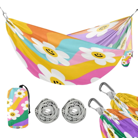 Portable Outdoor Camping Hammock Travel Hammock Ideal for Backpacking, Hiking, and Travel Smiley Daisy on Rainbow Background