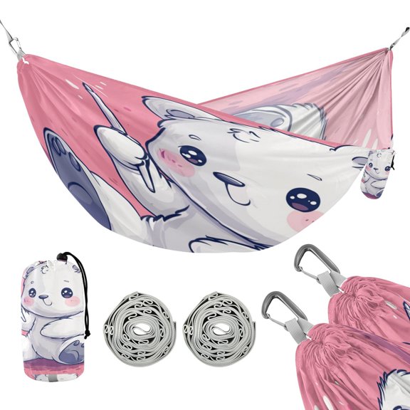 Portable Outdoor Camping Hammock Travel Hammock Ideal for Backpacking, Hiking, and Travel White Cartoon Bear