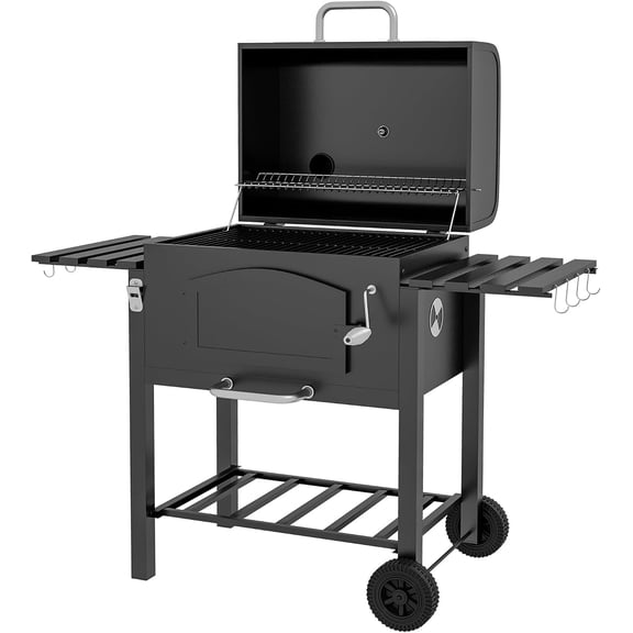 Portable Outdoor Charcoal Grill Cart With Folding Side Tables And Wheels, Steel Barbecue Grill Station With Height Adjustable Charcoal Pan Warming Rack And Bottle Opener For Patio Backyard Camping, B