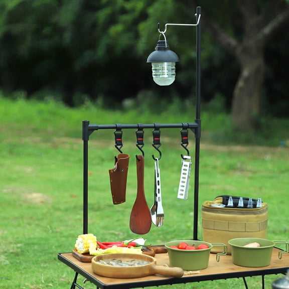 Portable Outdoor Folding Desktop Storage Rack, Aluminum Alloy BBQ Grill Tableside Hanging Rack, Multi-Layer Cutlery and Accessory Holder for Camping