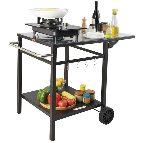 Portable Outdoor Grill Cart with Double Shelves, Foldable BBQ Prep Table on Wheels - Sturdy Iron Top for Pizza Oven & Cooking, Carry Handle Included