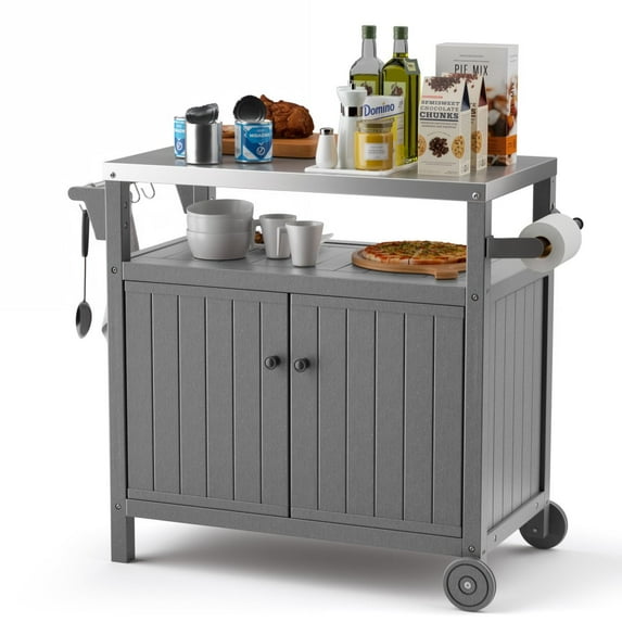 Portable Outdoor Grill Cart with Storage, Waterproof HDPE BBQ Prep Table for Patio & Backyard, 304 Stainless Steel Top, All-Weather Use, Camping Cart with Wheels, 42.12" L x 20.71" W, Grey