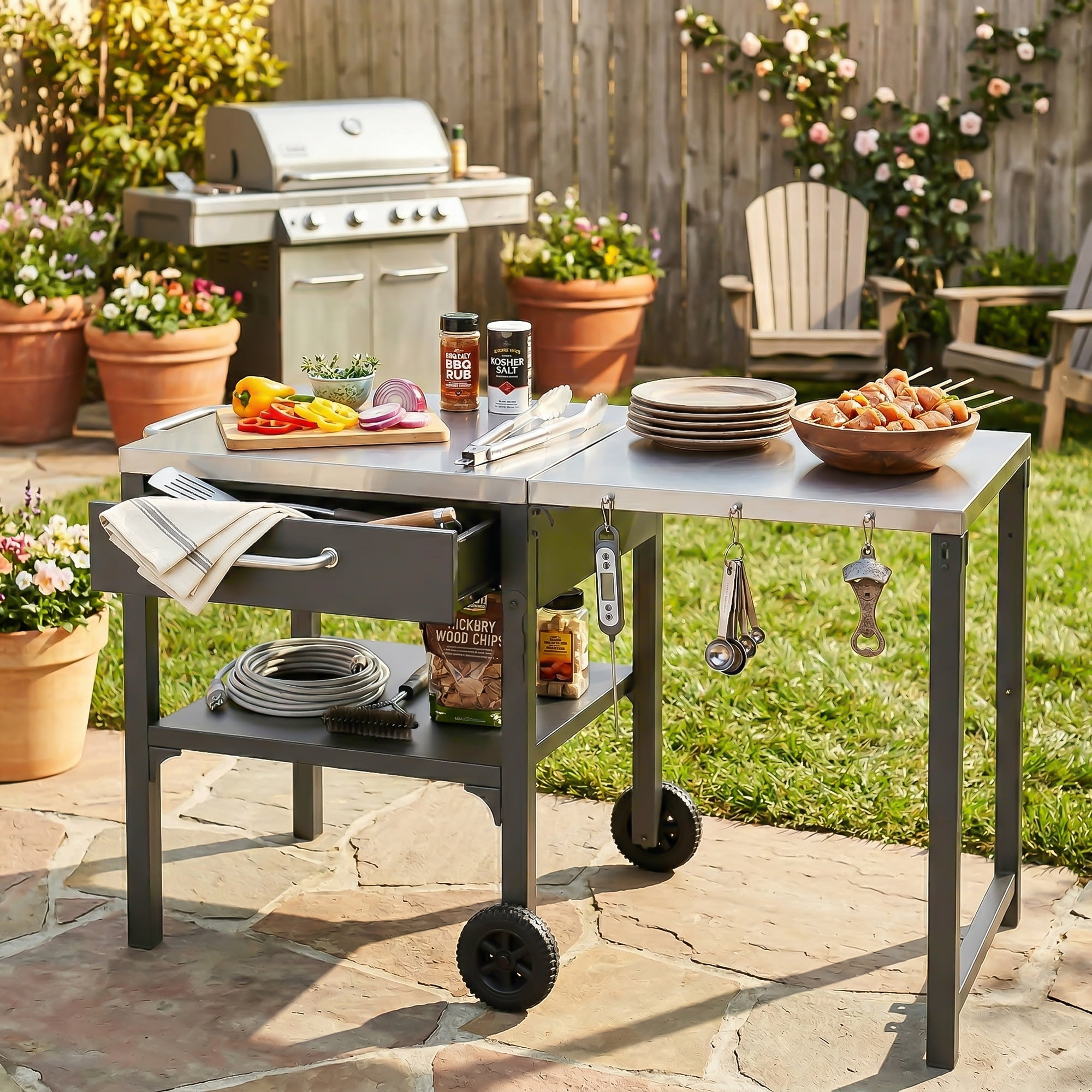 Portable Outdoor Kitchen Cart, Foldable BBQ Prep Station for Backyard Patio, Gray