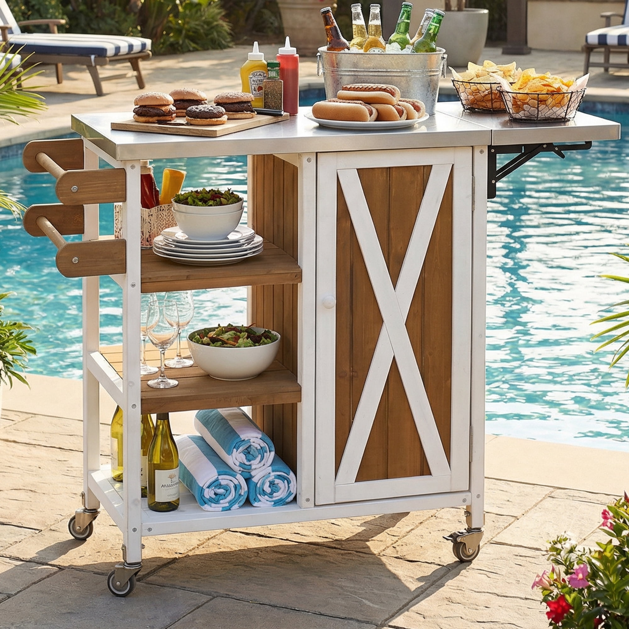 Portable Outdoor Kitchen Island, Foldable Patio Prep Station for Outdoor Use, White and Brown