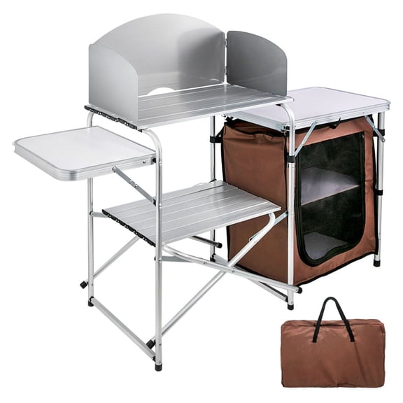 Portable Outdoor Kitchen Table - 2 Tier Folding Camp Table for BBQ, Camping, Parties - Brown
