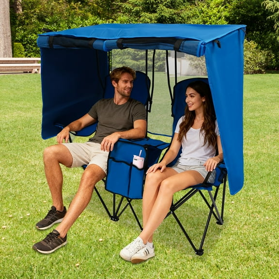 Portable Outdoor Loveseat with Shade Folding Double Camping Chair with Canopy Blue
