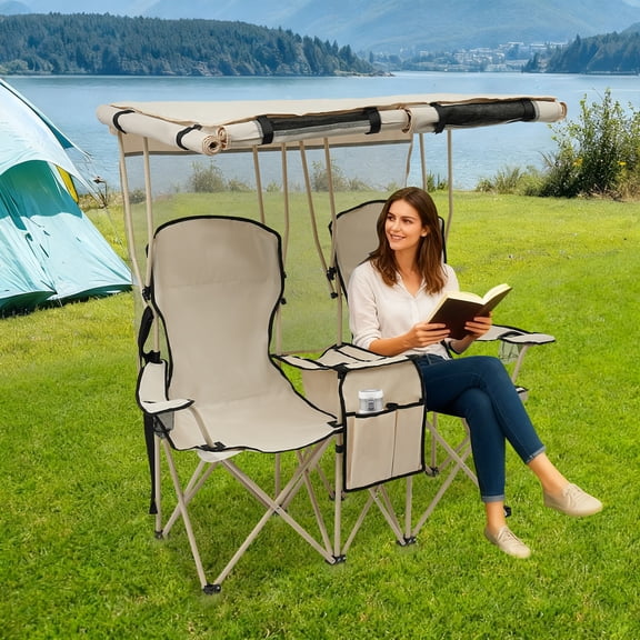 Portable Outdoor Loveseat with Shade Folding Double Camping Chair with Canopy Khaki