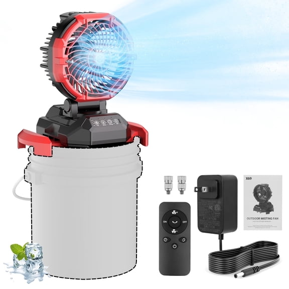 Portable Outdoor Misting Fan, Bucket Top Portable Fan, Battery Powered with 4 Fan Speeds & 4 Mist Settings for Camping, Tailgating, and Beach