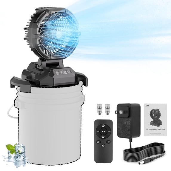 Portable Outdoor Misting Fan, Bucket Top Portable Fan, Battery Powered with 4 Fan Speeds & 4 Mist Settings for Camping, Tailgating, and Beach