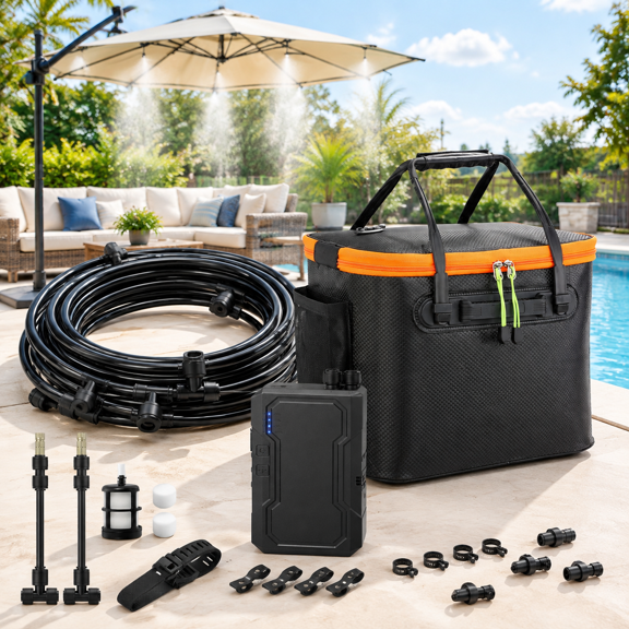 Portable Outdoor Misting System with Rechargeable Pump, 20L Bucket, 26ft Hose for Patio, Camping, Sports