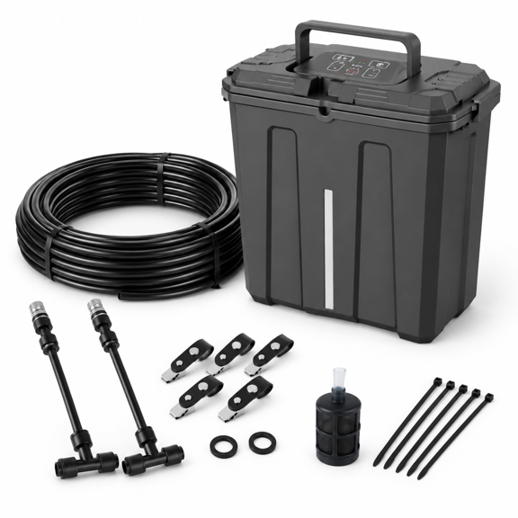 Portable Outdoor Misting System with Rechargeable Pump, 9L Bucket, 26ft Hose for Patio, Camping, Sports