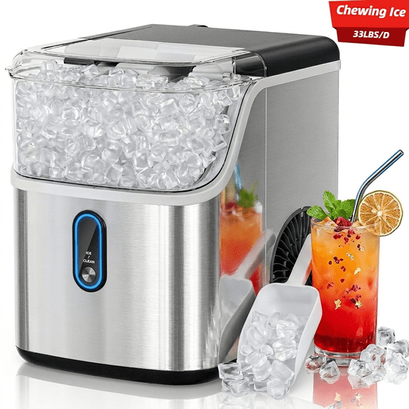 Portable Outdoor Nugget Ice Maker, 33 Lbs Daily Output, Self-Cleaning One-Button Control Quiet Compact Countertop Ice Machine for Camping RV Gatherings Home Use