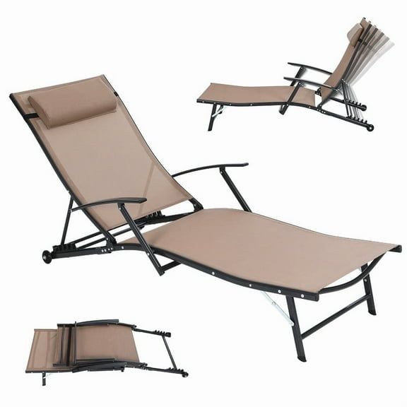 Portable Outdoor Patio Rolling Chaise Lounge with 5-Position Adjustable Backrest and Armrests for Pool, Backyard, or Outdoor Lounging (1 Pack)