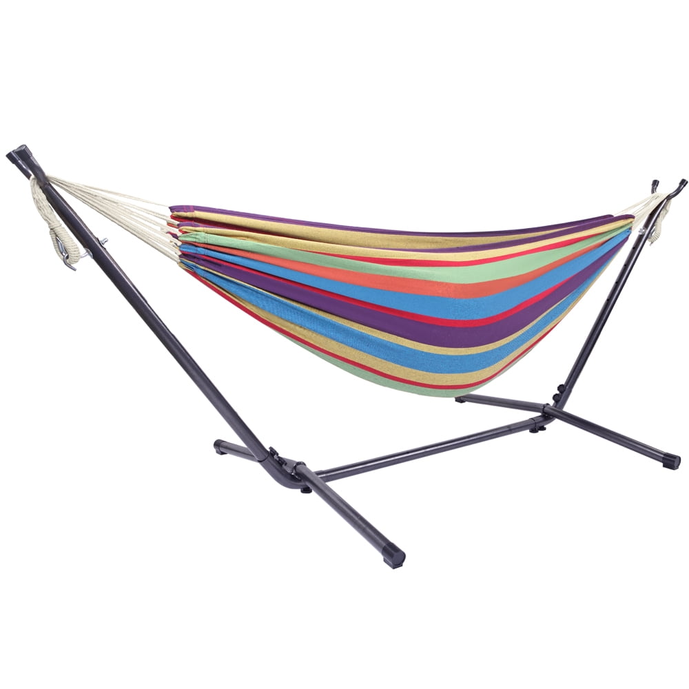 Portable Outdoor Polyester Hammock with Stand 250LBS Weight Capacity Colorful Hammock Set for Camping Beach Patio Backyard Indoor Use