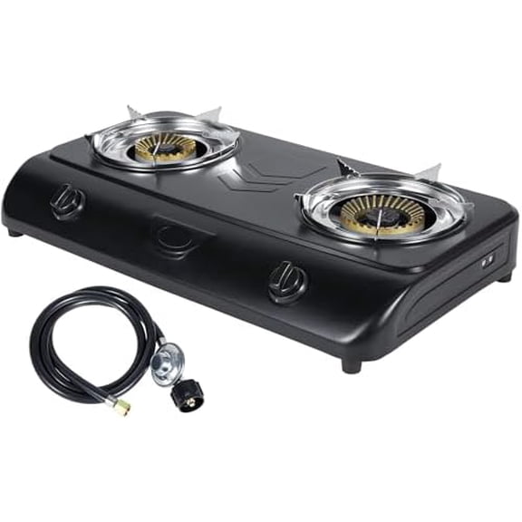 Portable Outdoor Propane Stove - 9000/12000 BTU Dual Burners with Auto Ignition, Rust-Resistant Steel, Regulator & Hose, Perfect for Camping, RV, Tailgating, BBQ, Compact 28.74"14.76"5.51"
