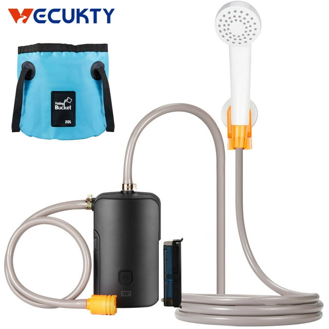 Portable Outdoor Shower with Folding Bucket, VECUKTY Removable Rechargeable Battery 4500 mAh with LED Light, Battery Powered Shower Pump for Hiking, Camping, Travel, Beach, Pets, Plants