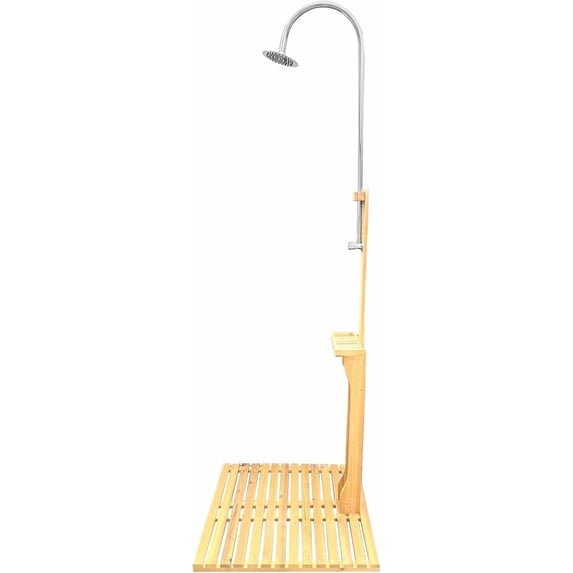 Portable Outdoor Shower Kit Wood Freestanding Outside Shower with Chassis Board and Storage Rack for Backyard Poolside Patio and Garden