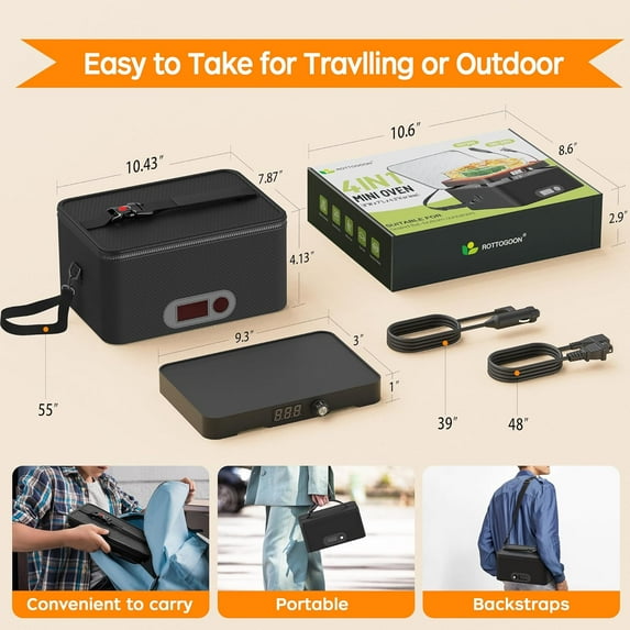 Portable Oven, 12V 24V 110V-240V Car Food Warmer Electric Heated Lunch Box for Meals Reheating & Cooking