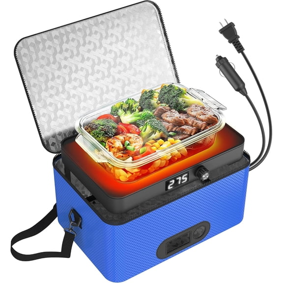 Portable Oven, 12V 24V 110V-240V Car Food Warmer Portable Personal Mini Oven Electric Heated Lunch Box for Meals Reheating & Raw Food Cooking for Road Trip/Camping/Picnic/Family Gathering(Blue)