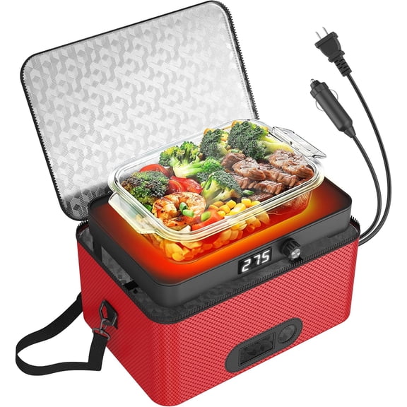 Portable Oven, 12V 24V 110V-240V Car Food Warmer Portable Personal Mini Oven Electric Heated Lunch Box for Meals Reheating & Raw Food Cooking for Road Trip/Camping/Picnic/Family Gathering(Red)