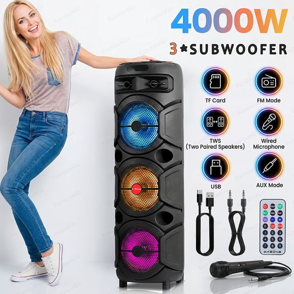 Portable PA System with a 4000W Rechargeable Wireless Speaker, Featuring a Wired Microphone, for party Lights, USB, Radio, Remote Control, AUX, And TF Card for Events And Parties