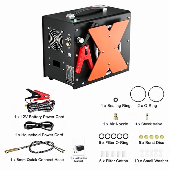 Portable PCP Air Compressor, Wire Spool, Auto-stop, DC12V/AC110V/220V Oil/Water-Free PCP Airgun Compressor for Paintball, Air Rifle, Built-in Fan Cooling (Wire Spool)
