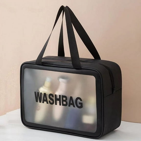 Portable PVC Waterproof Travel Translucent Cosmetic Bag, Large Capacity Sturdy Leakproof Organizer, Toiletry Bag for Women Men (Black, L)