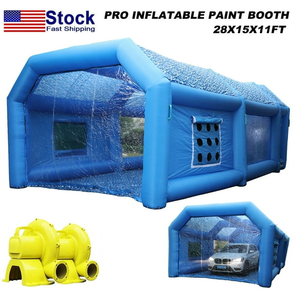 Portable Painting Tent Workstation Inflatable Spray Paint Booth 28x15x11FT with 2 Blowers 950W and 350W, with Filter System Tool Room for Garage Spraying Auto Parts Full-Size Car