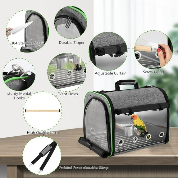 Portable Parrot Travel Cage with Stainless Steel Mesh and Transparent Window for Birds