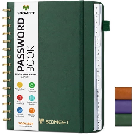 Portable Password Book Spiral Bound Alphabetically tabbed notepad with website address, username and password pages