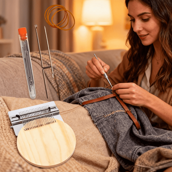 Portable Patchmaker Loom, Mini Darning Loom Kit, DIY Weaving Tool for Quick Fabric Mending, Ideal Patch Kit for Beginners and Sewing Projects(12 Hooks)