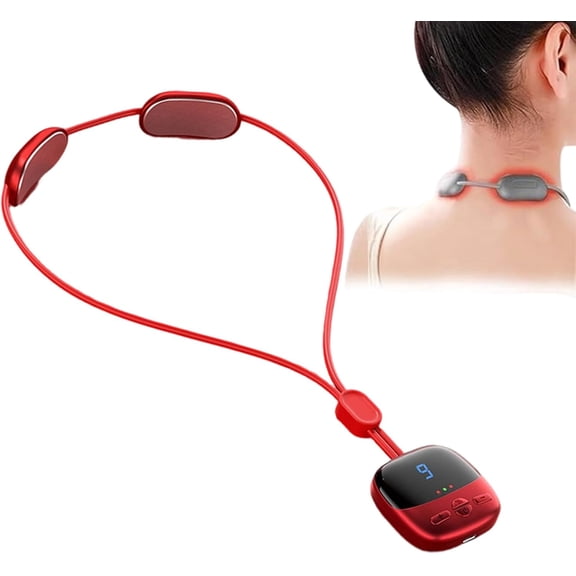 Portable Pendant Neck Massager with Heat, 58g Lightweight 4 Modes and 9 Intensity Levels Electric Pulse Massager for Neck Relaxation for Office, Travel, Home (Red)
