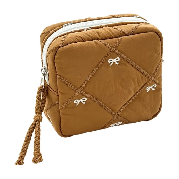 Portable Period Bags for Women, Small Make Up Storage Bag, Cute Bow Sanitary Napkin Storage Bag, Period Bag Quilted Tampon Pouch for Purse (Coffee)